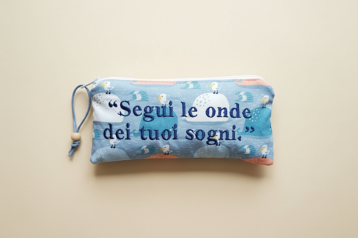 ASTUCCIO POCKET CASE con frase ricamata | " Segui le onde dei tuoi sogni"