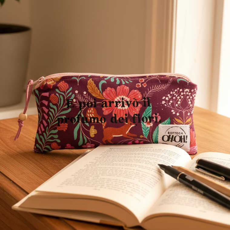 ASTUCCIO POCKET CASE con frase ricamata | "E poi arrivò il profumo dei fiori€