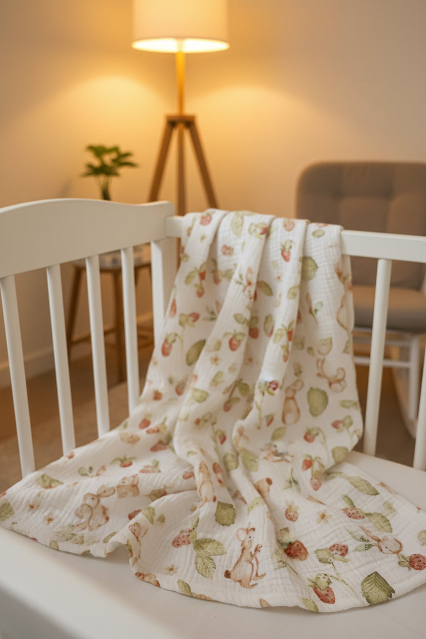 COPERTINA IN BAMBOO MUSSOLA | Coniglietti e fragole