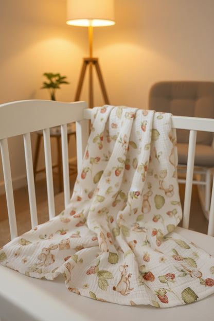 COPERTINA IN BAMBOO MUSSOLA | Coniglietti e fragole