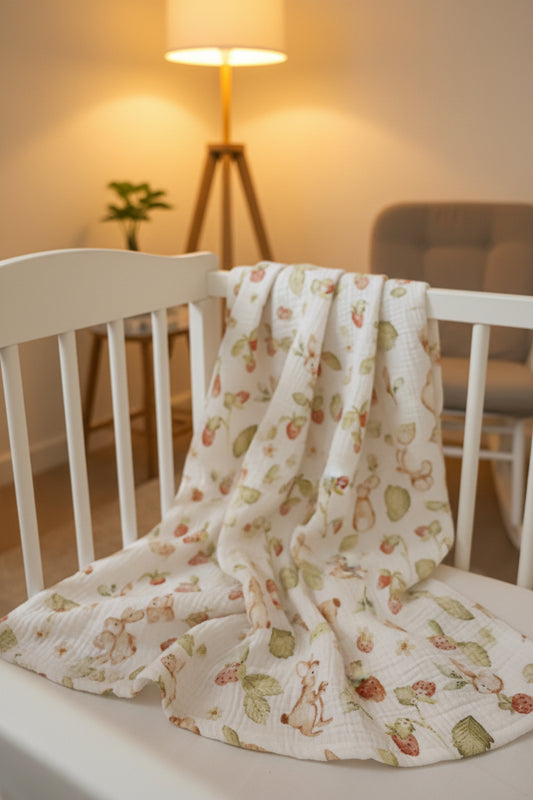 COPERTINA IN BAMBOO MUSSOLA | Coniglietti e fragole