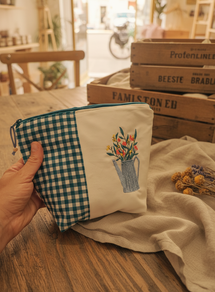 BEAUTY RICAMATO CON ANNAFFIATOIO FIORITO | Pochette in cotone fatta a mano