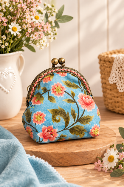 PORTA MONETE | Fiori rosa e sfondo azzurro