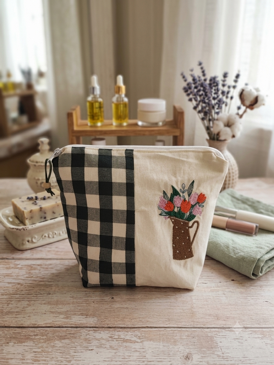 BEAUTY RICAMATO CON BROCCA FIORITA | Pochette in cotone fatta a mano
