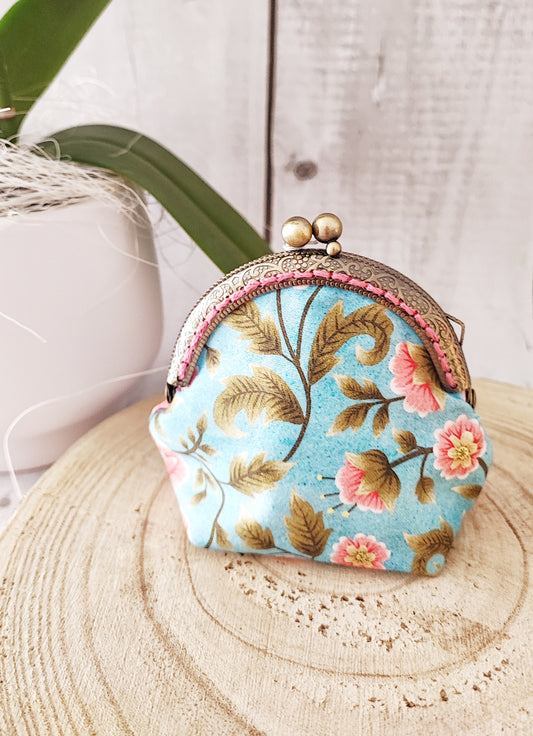 PORTA MONETE | Fiori rosa e sfondo azzurro